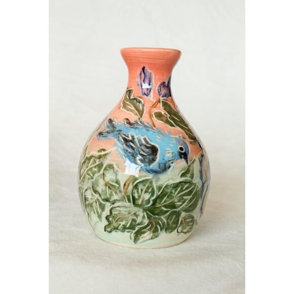 Art Studio Ceramic Pottery Birds & flowers print Bottle Decorative Vase handmade - Picture 9 of 10